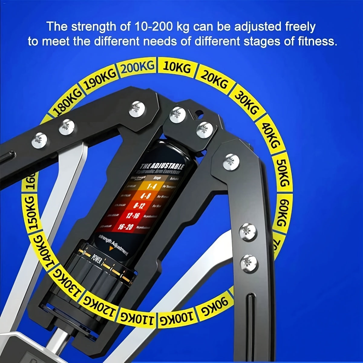 A close-up of the Versatile Hydraulic Chest Expansion Bar, crafted with sturdy metal and adjustable from 22 to 440 lbs, featuring a color-coded dial for customizable resistance in upper body workouts at home for both men and women.