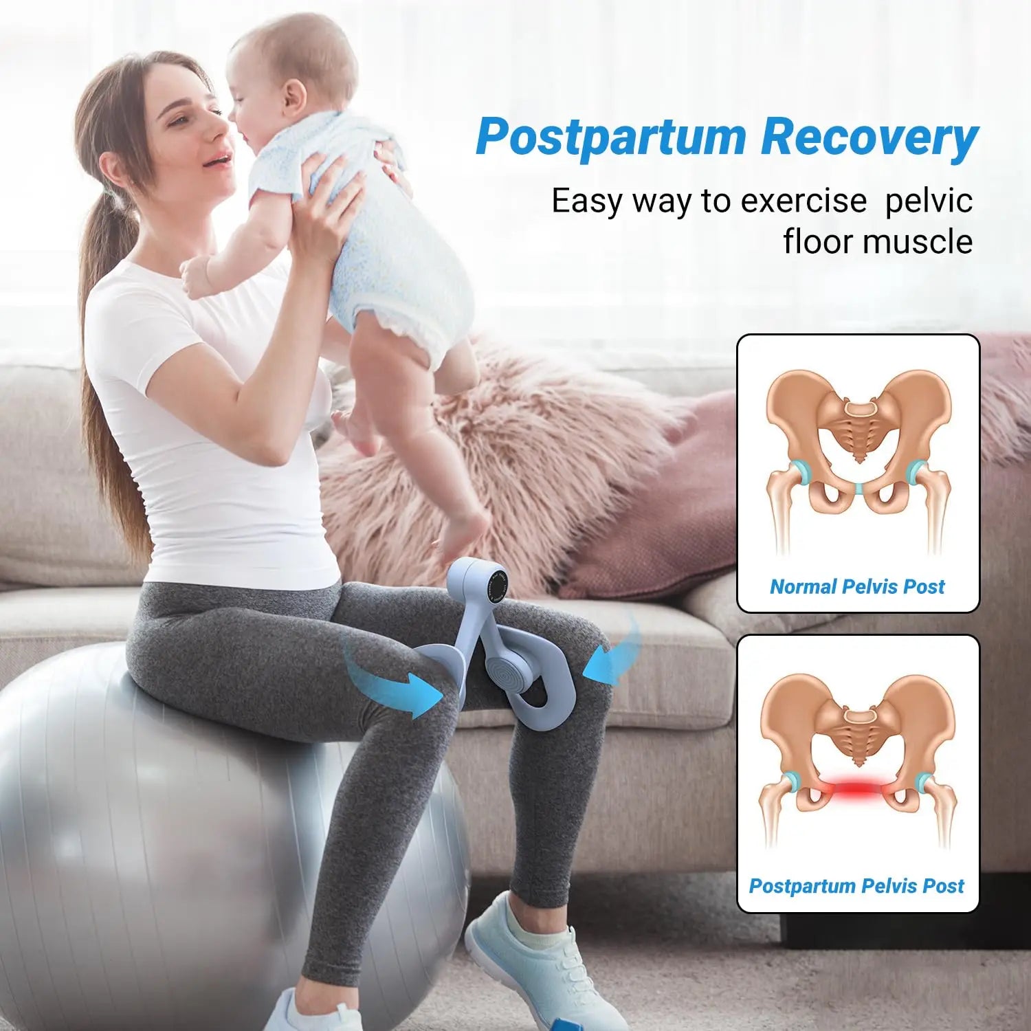 A woman in workout clothes uses the MERACH Thigh Trainer Pelvic Floor Muscle Trainer while holding a baby. Text: “Postpartum Recovery: Easy pelvic floor exercise.” Diagrams show a normal and postpartum pelvis—ideal for strength with gentle movement.