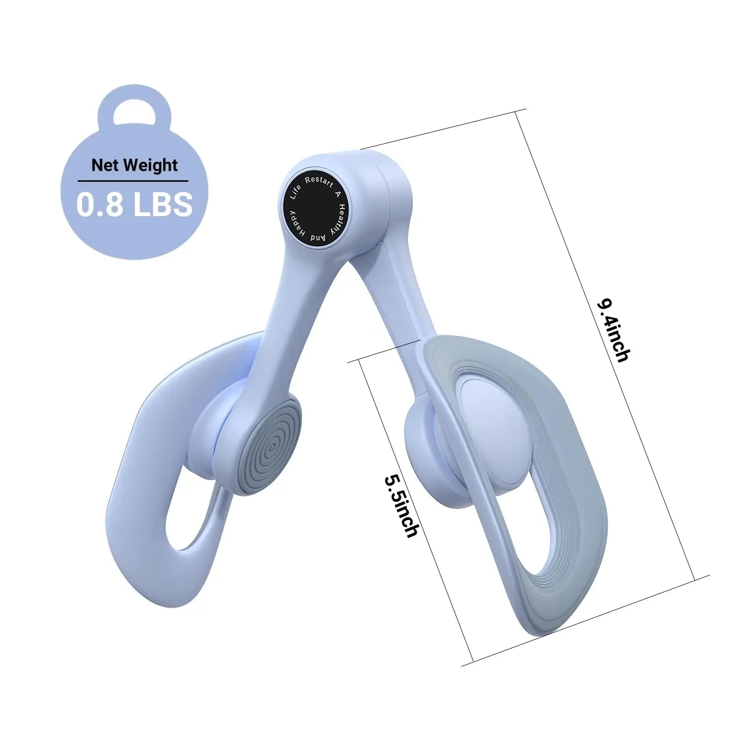The MERACH Thigh Trainer is a light blue pelvic floor and inner thigh workout device weighing 0.8 lbs, with ergonomic Thermoplastic Elastomer handles, measuring 9.4" x 5.5", and features a central round dial for adjustable strength training.