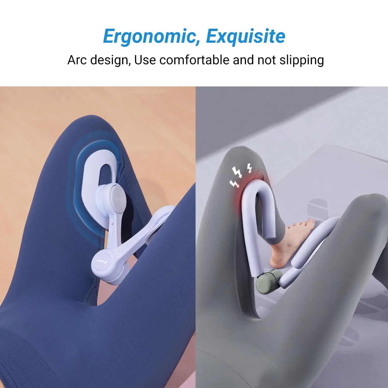 A digital illustration shows two people using the MERACH Thigh Trainer Pelvic Floor Muscle Trainer made from Thermoplastic Elastomer, featuring an arc ergonomic design for comfortable, non-slip inner thigh exercises. Text above reads Ergonomic, Exquisite.