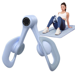 A MERACH Thigh Trainer Pelvic Floor Muscle Trainer, made from thermoplastic elastomer in light blue, is featured in the foreground while a woman uses it on a yoga mat for effective inner thigh and pelvic floor strength training.