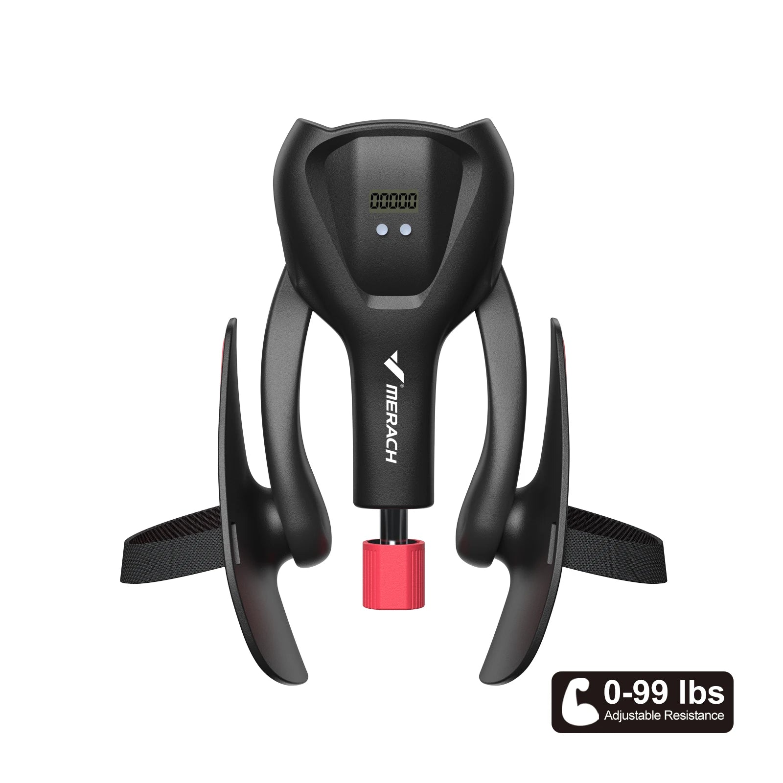The black MERACH Thigh Trainer features curved handles, a red resistance knob, and LED lights. Labeled "0-99 lbs Adjustable Resistance" in the corner, it's ideal for strength training and pelvic floor workouts.