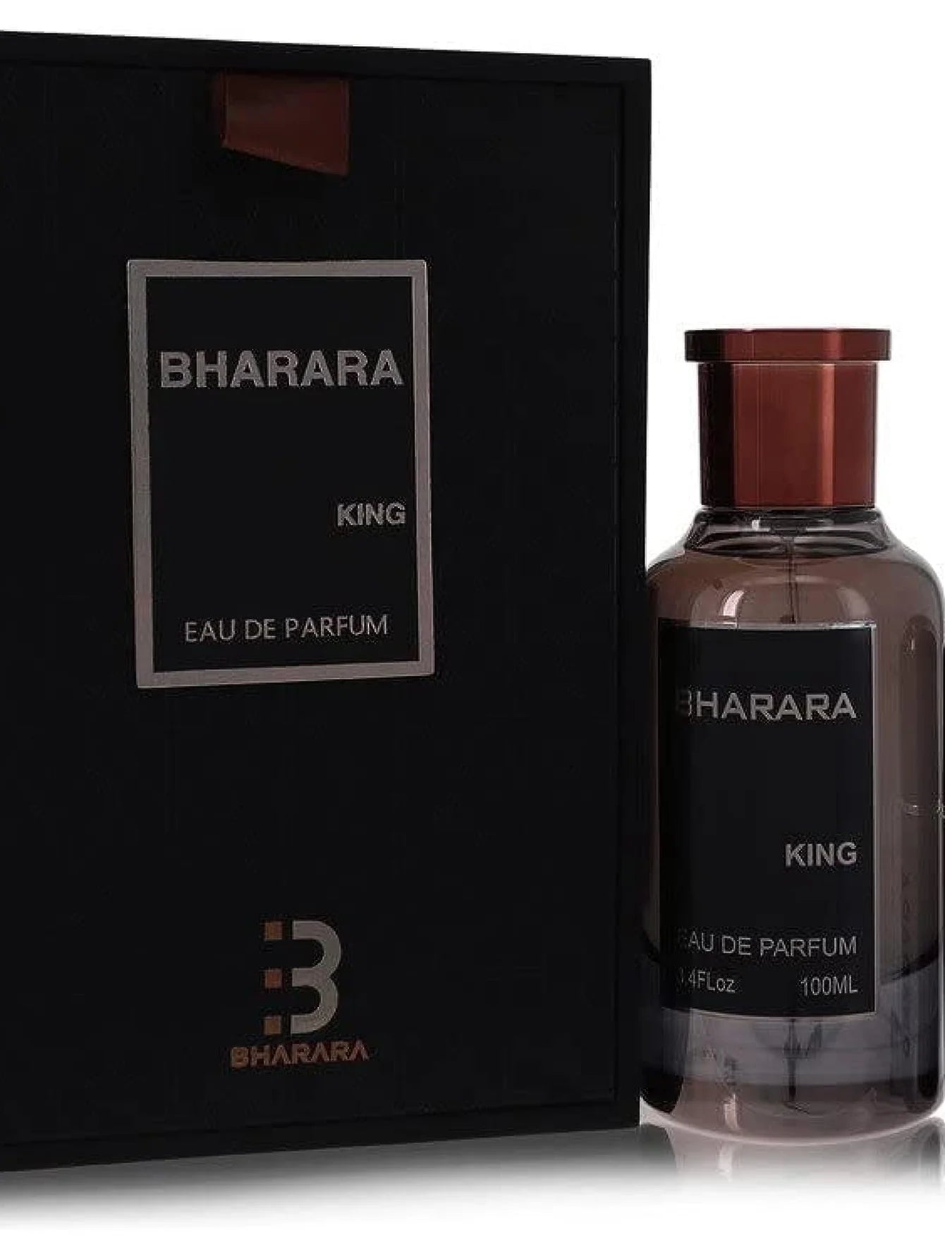 A bottle of Bharara King Eau de Parfum for Men – Citrus Amber Scent (100ml) is displayed beside its black box, both with metallic labels. This fragrance offers confident daily wear and evening sophistication.