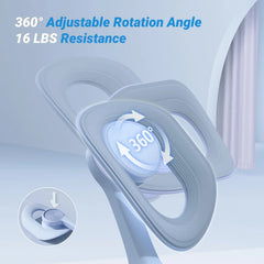 Close-up of the MERACH Thigh Trainer Pelvic Floor Muscle Trainer, featuring overlapping ovals, 360° adjustable rotation, 16 lbs resistance, durable thermoplastic elastomer, and arrows indicating the full range of rotational movement.