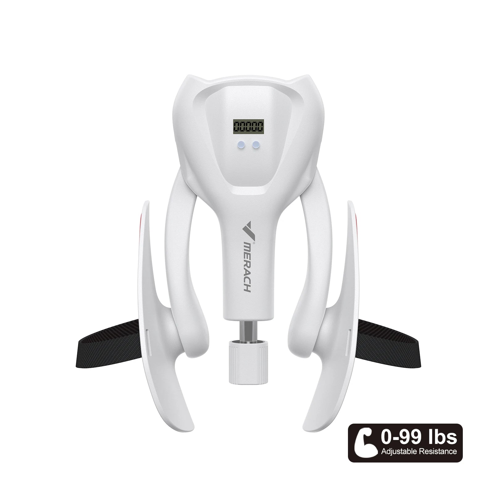 The MERACH Thigh Trainer is a white handheld pelvic floor muscle trainer with a digital display, adjustable resistance dial (0–99 lbs), ergonomic thermoplastic elastomer handles, black wrist straps, and label. Perfect for inner thigh and Pilates workouts.