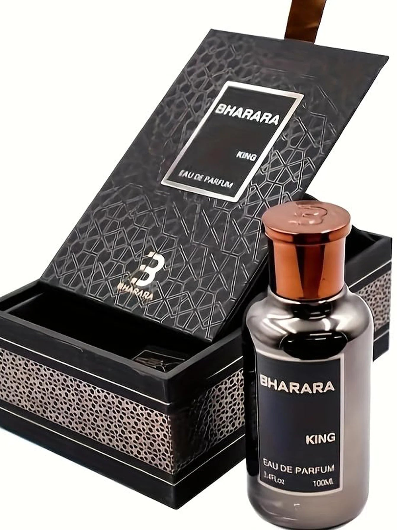 A 100ml bottle of Bharara King Eau de Parfum for Men – Citrus Amber Scent is shown before its striking black and brown geometric box. This fragrance offers confident daily wear and evening sophistication.
