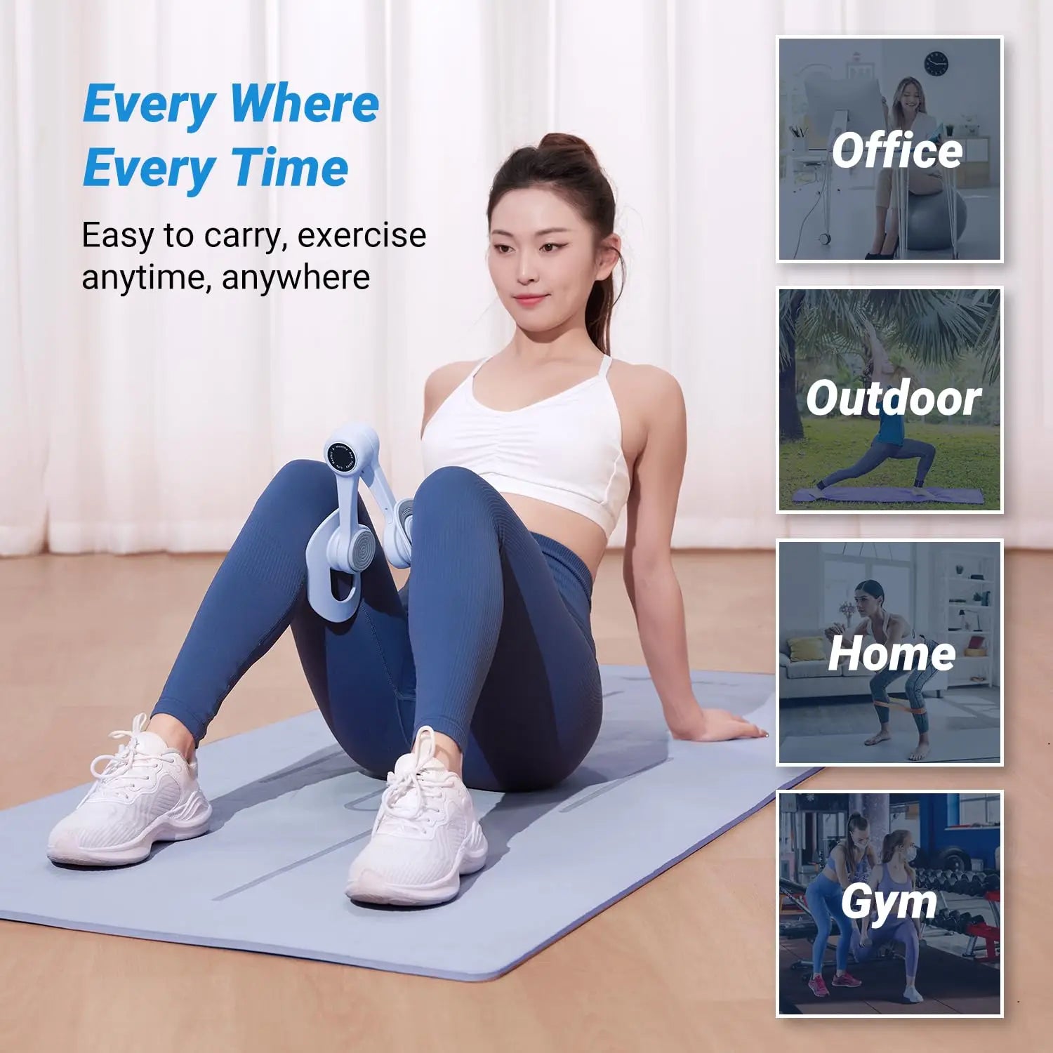 A woman in athletic wear sits on a yoga mat holding the MERACH Thigh Trainer Pelvic Floor Muscle Trainer, with text and images highlighting its portability for pelvic floor and inner thigh workouts at home, office, outdoors, or gym.