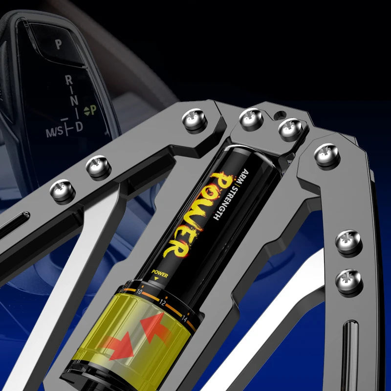 Close-up of an Adjustable 22-440lbs Hydraulic Power Twister Arm Exerciser with a black and yellow POWER battery at the center; background shows a vehicle gear selector marked P, R, N, D, and M/S.