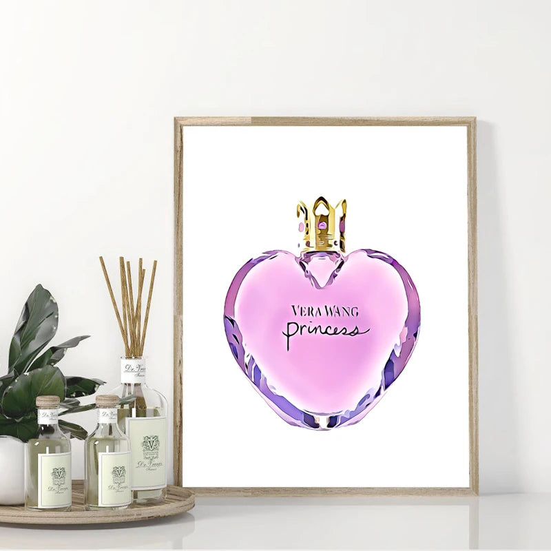 The Fashion Perfume Bottle Prints Nordic Poster features a heart-shaped pink perfume bottle with a gold crown and "Vera Wang Princess," printed on waterproof canvas for lasting beauty—perfect luxurious wall art for bedrooms or living rooms.
