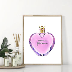 The Fashion Perfume Bottle Prints Nordic Poster features a heart-shaped pink perfume bottle with a gold crown and "Vera Wang Princess," printed on waterproof canvas for lasting beauty—perfect luxurious wall art for bedrooms or living rooms.
