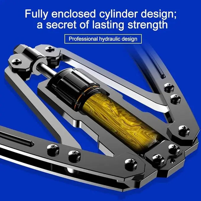 A close-up of the Wellshow Hydraulic Power Home Chest Expander (adjustable 22-440lbs) with a yellow cylinder. Bold text: Fully enclosed cylinder design—a secret of lasting strength. Label: Sport Twister Arm Exerciser on a blue background.
