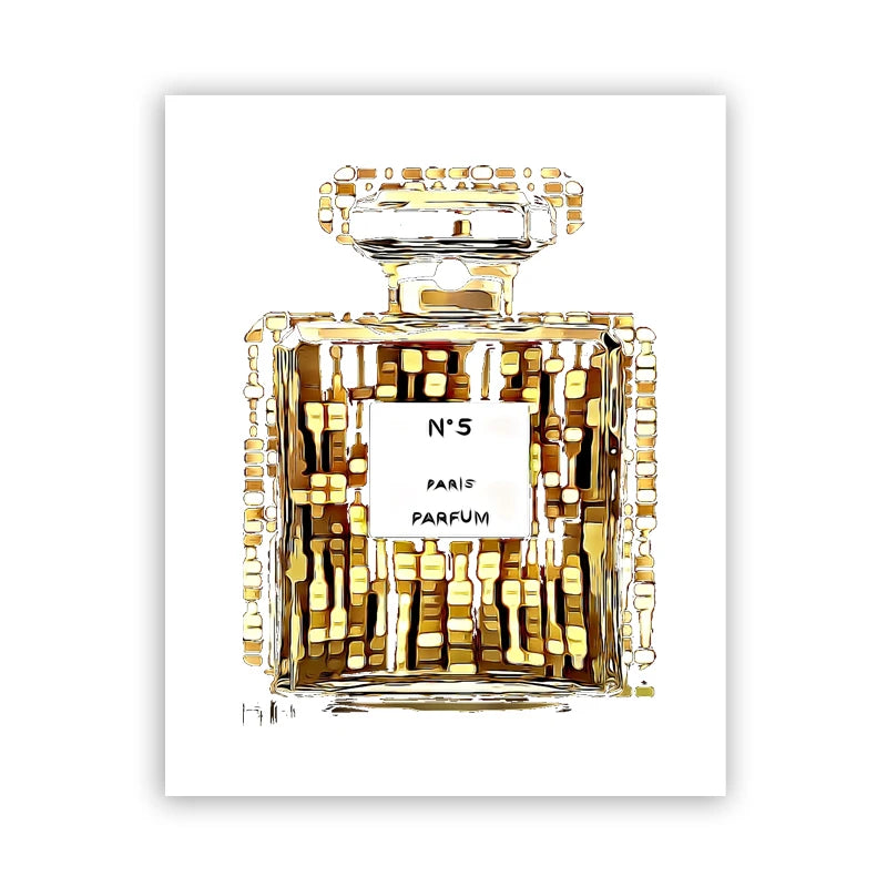 Stylized illustration of a Chanel No. 5 bottle with gold and yellow accents, featured in Fashion Perfume Bottle Prints Nordic Poster—luxurious wall art for women’s bedrooms or living rooms, using waterproof canvas painting on a white background.