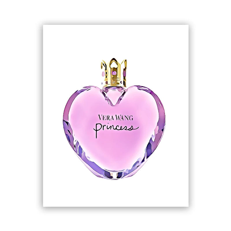 A heart-shaped pink perfume bottle with a gold crown cap is centered on white, featured in the Fashion Perfume Bottle Prints Nordic Poster, a luxurious canvas painting for bedroom or living room wall art and decor—an ideal gift for women.
