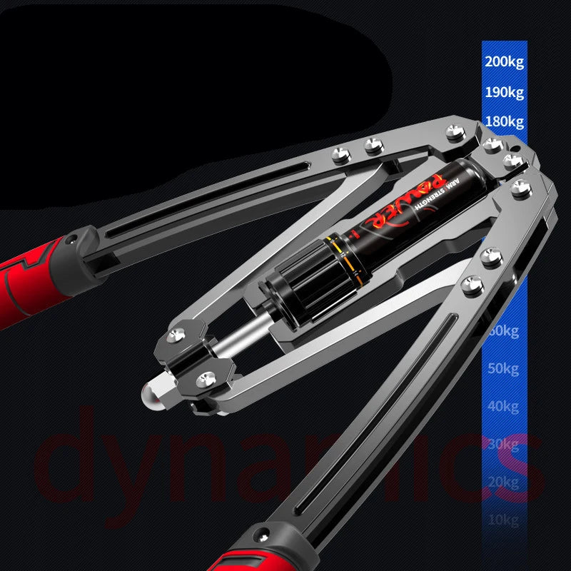Close-up of the black and red Adjustable 22-440lbs Hydraulic Power Twister Arm Exerciser, ideal for home chest, shoulder, and wrist muscle training. The word "dynamics" is partially visible in the background.
