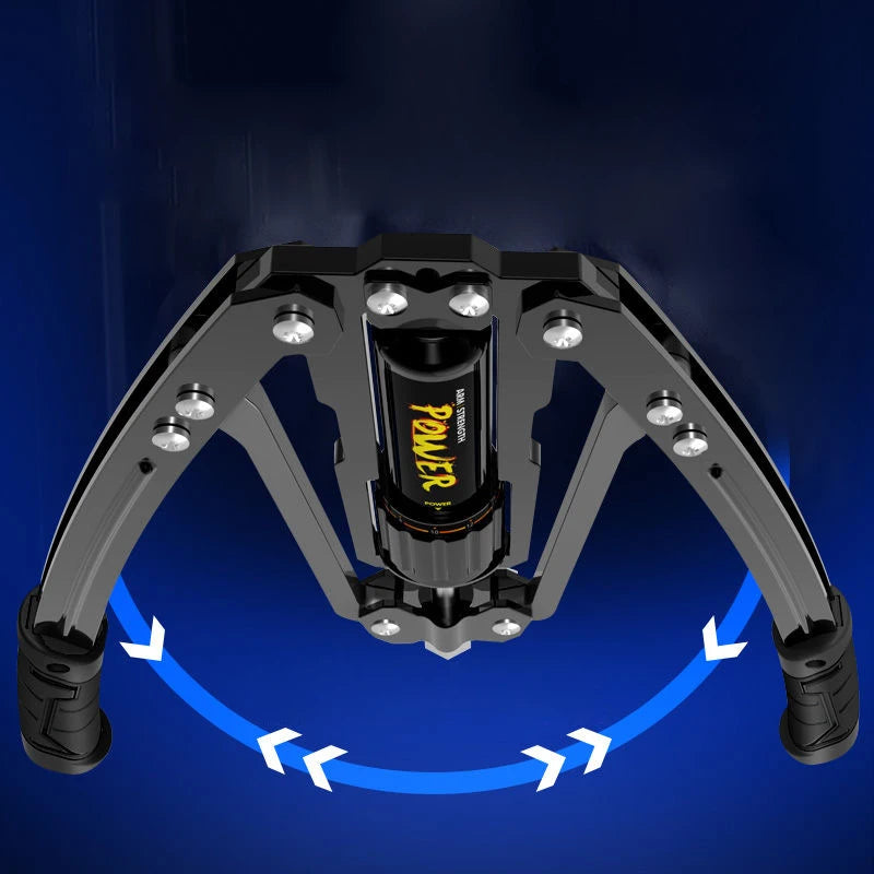 A mechanical device with two black, jointed arms and a Power cylinder is shown, motion arrows indicating swinging—ideal as a Fitness Equipment Adjustable 22-440lbs Hydraulic Power Twister Arm Enhanced Exercise Strengthener.