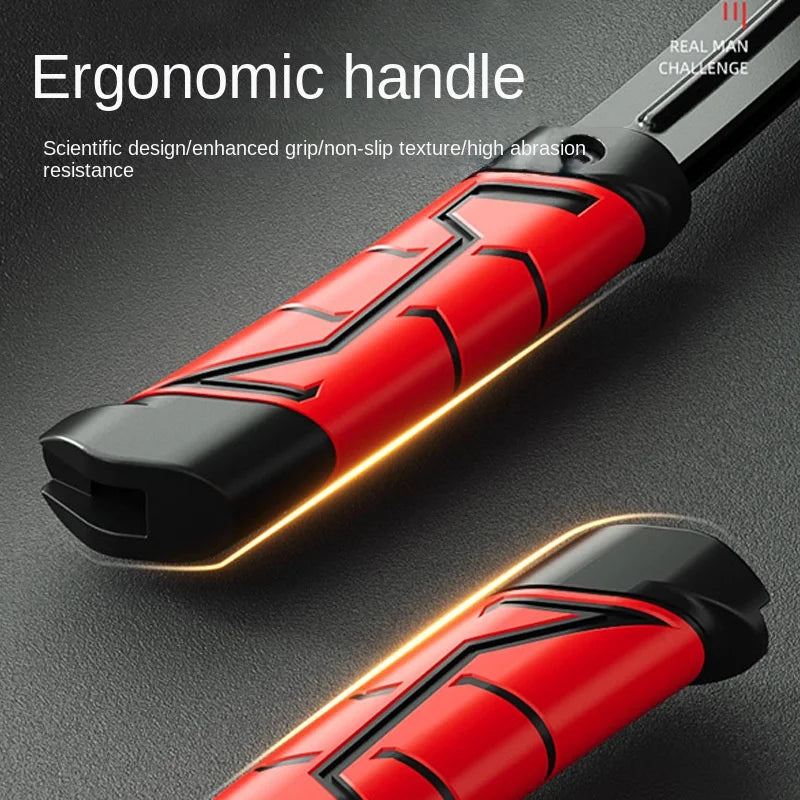 Close-up of the Twister Arm Exerciser's red and black ergonomic handle with angular patterns, non-slip texture, and high abrasion resistance. This steel-plastic grip is designed for muscle training and adjustable arm strength workouts.