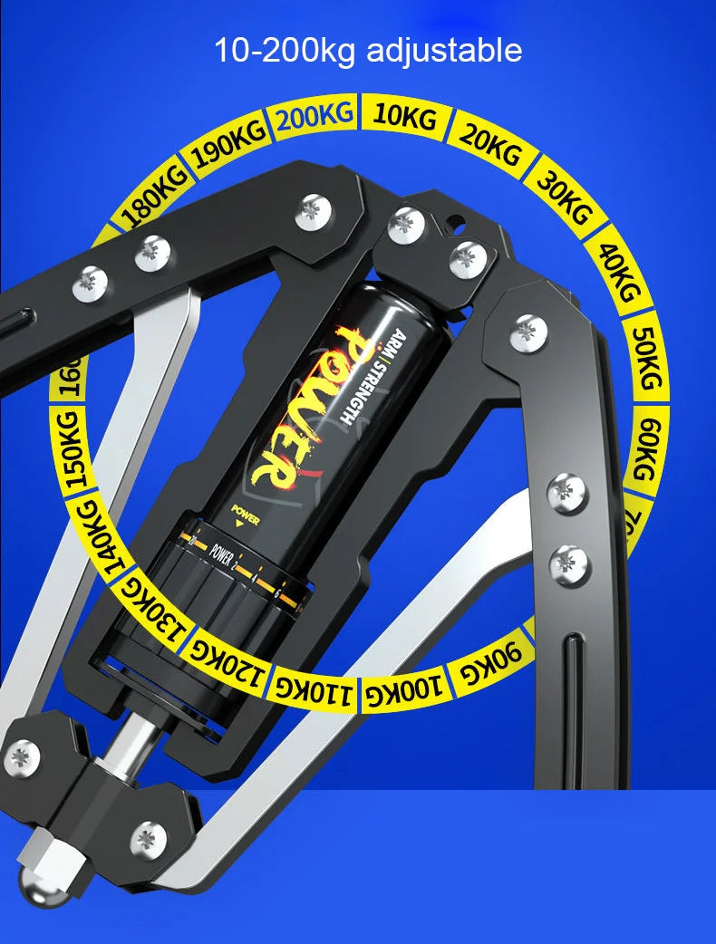 Close-up of a black Adjustable 22-440lbs Hydraulic Power Twister Arm Exerciser with a central POWER spring. Yellow markers from 10KG to 200KG encircle the device for chest, shoulder, and wrist muscle training at home.