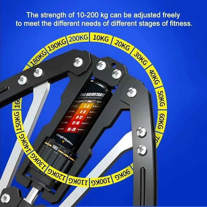 The Wellshow Hydraulic Power Home Chest Expander Twister Arm Exerciser displays adjustable resistance from 22 to 440 lbs on a yellow scale, with text highlighting customizable strength for all fitness levels. Durable design set on a blue background.