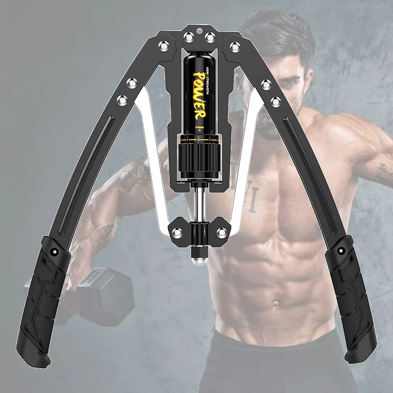 A Fitness Equipment Adjustable 22-440lbs Hydraulic Power Twister Arm Enhanced Exercise Strengthener is displayed in the foreground. In the blurred background, a muscular man with a dumbbell showcases his toned physique.