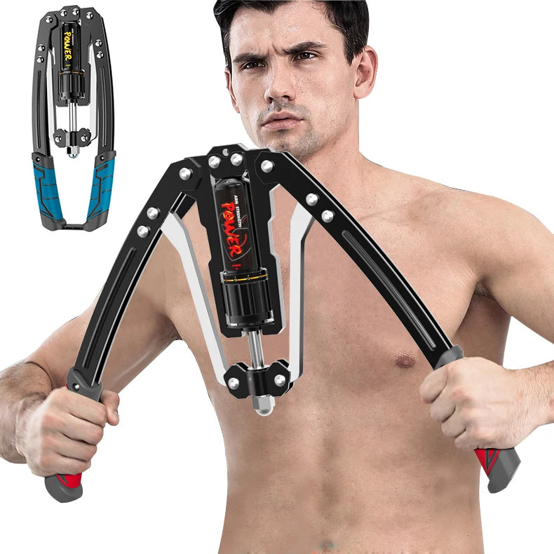 A shirtless man uses the Adjustable 22-440lbs Hydraulic Power Twister Arm Exerciser, gripping its handles and pressing inward. An inset shows the Home Chest Expander Shoulder Muscle Training Product from another angle against a white background.