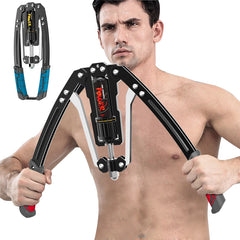 A shirtless man uses the Adjustable 22-440lbs Hydraulic Power Twister Arm Exerciser, gripping its handles and pressing inward. An inset shows the Home Chest Expander Shoulder Muscle Training Product from another angle against a white background.