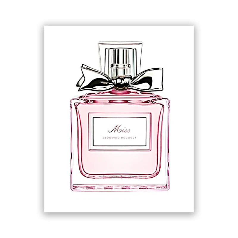 A stylish pink perfume bottle with a silver cap and bow is showcased on this "Fashion Perfume Bottle Prints Nordic Poster," perfect as luxurious canvas wall art for bedroom or living room decor—a great gift for women.