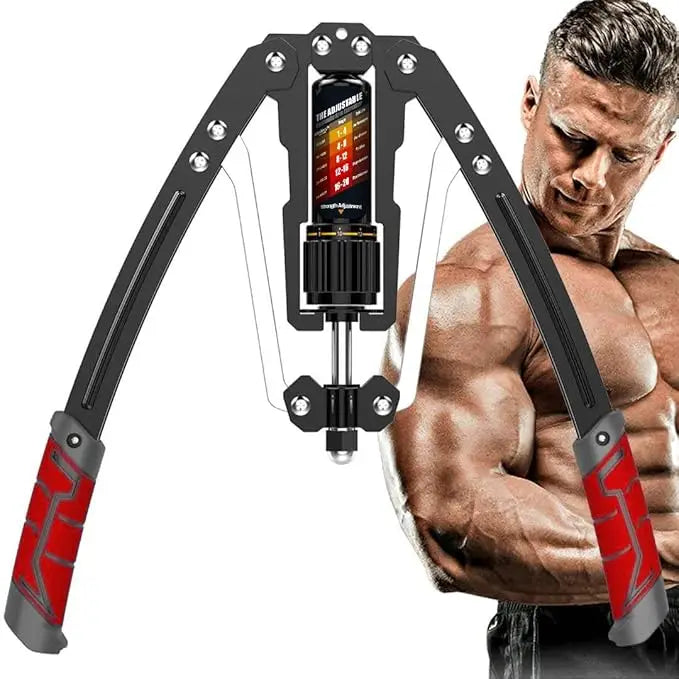A muscular man stands shirtless beside the Wellshow Hydraulic Power Home Chest Expander Adjustable 22-440lbs, showcasing its durability, central dial, and resistance markings for efficient arm, wrist, shoulder, and chest workouts.