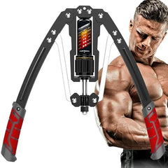 A muscular man stands shirtless beside the Wellshow Hydraulic Power Home Chest Expander Adjustable 22-440lbs, showcasing its durability, central dial, and resistance markings for efficient arm, wrist, shoulder, and chest workouts.