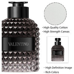 Close-up of Fashion Perfume Bottle Prints Nordic Poster with a textured, studded bottle design. Insets highlight high quality cotton and high strength canvas, using waterproof ink for vibrant, luxurious wall art for bedroom or living room decor.