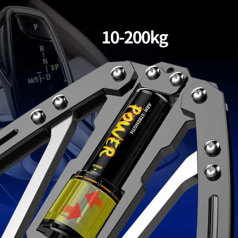 Close-up of the Fitness Equipment Adjustable 22-440lbs Hydraulic Power Twister Arm Enhanced Exercise Strengthener, showing its visible spring and adjustment mechanism, with a car gear shift lever in the background.