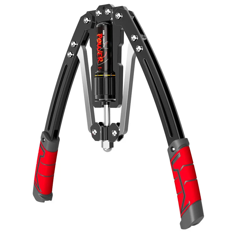 The Adjustable 22-440lbs Hydraulic Power Twister Arm Exerciser is a black metal hand gripper with red ergonomic handles and adjustable resistance, ideal for grip strength, chest, and shoulder muscle training at home.