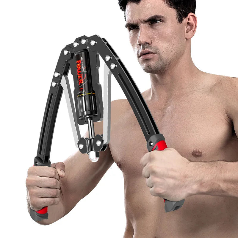 A shirtless man works out with the Fitness Equipment Adjustable 22-440lbs Hydraulic Power Twister Arm Enhanced Exercise Strengthener, gripping the handles with both hands and pulling them inward.