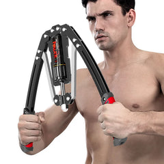 A shirtless man works out with the Fitness Equipment Adjustable 22-440lbs Hydraulic Power Twister Arm Enhanced Exercise Strengthener, gripping the handles with both hands and pulling them inward.