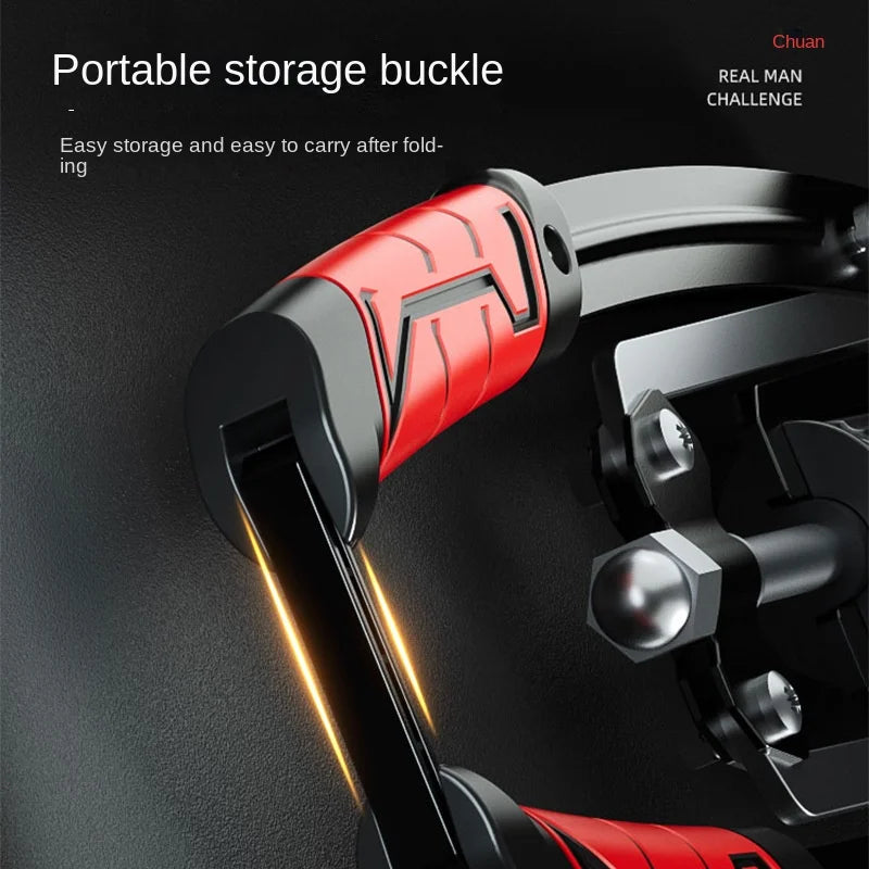Close-up of the Twister Arm Exerciser Adjustable Training Hydraulic Arm Strength Bar's red and black portable storage buckle, showing its easy storage and folding, against a dark background.