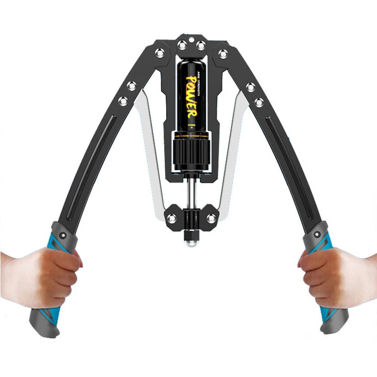 Two hands grip the handles of a black and blue Fitness Equipment Adjustable 22-440lbs Hydraulic Power Twister Arm Enhanced Exercise Strengthener, featuring a visible central power adjustment mechanism.