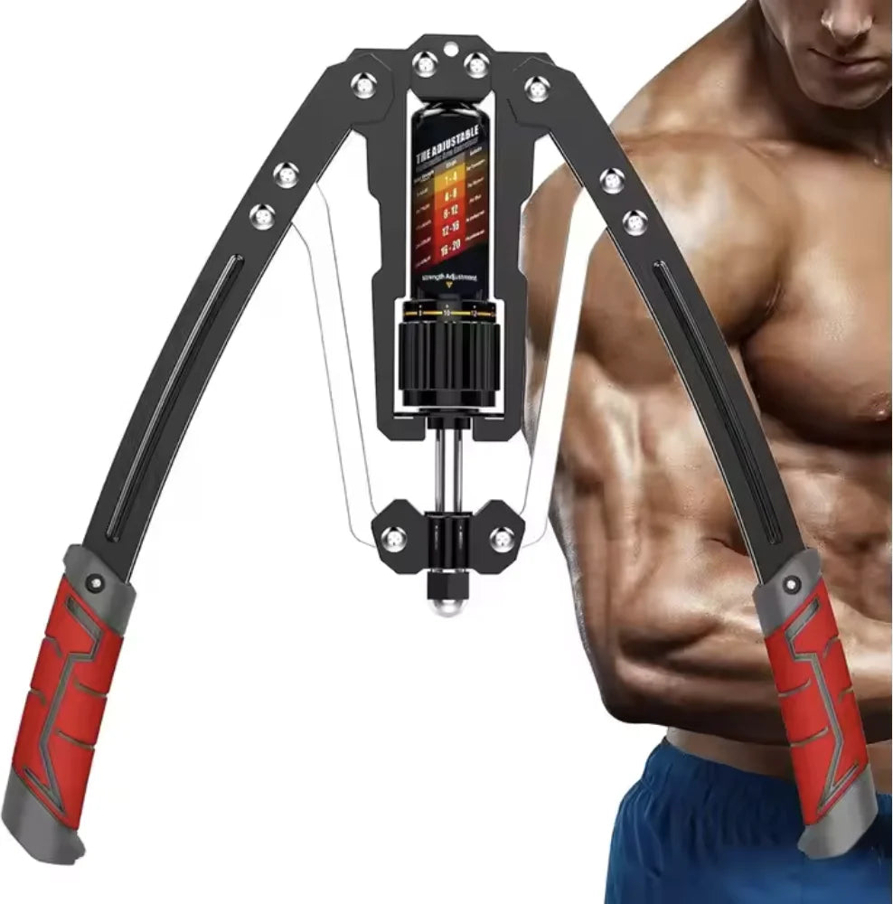 A muscular man stands beside the Twister Arm Exerciser Adjustable Training Hydraulic Arm Strength Bar, a black and red fitness device with a visible resistance gauge and metal spring, ideal for muscle and grip strength workouts.