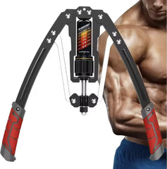 A muscular man stands beside the Twister Arm Exerciser Adjustable Training Hydraulic Arm Strength Bar, a black and red fitness device with a visible resistance gauge and metal spring, ideal for muscle and grip strength workouts.