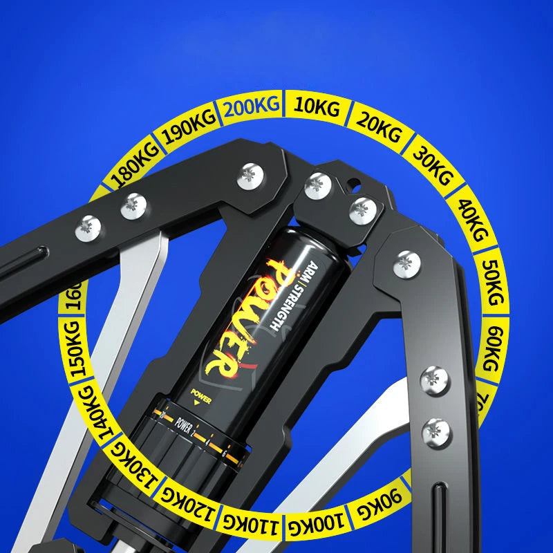 A close-up of the Fitness Equipment Adjustable 22-440lbs Hydraulic Power Twister Arm Enhanced Exercise Strengthener in black and yellow against a blue background, featuring a circular yellow label showing 10kg to 200kg weight increments.