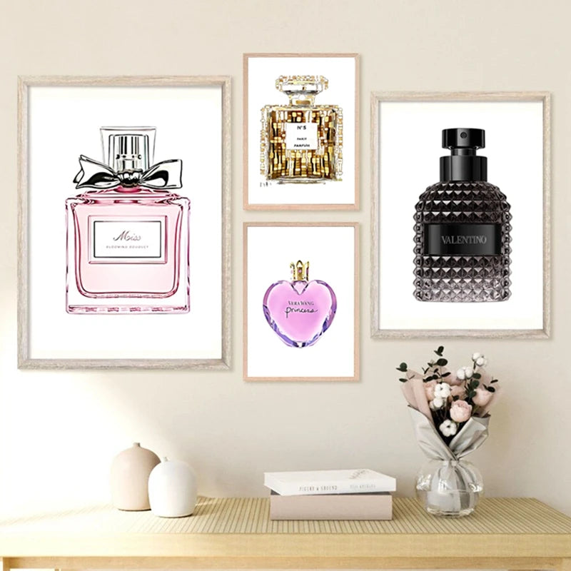 Fashion Perfume Bottle Prints Nordic Poster add a luxurious and modern touch above a white shelf with flowers and decor, perfect for bedroom or living room wall art gifting for women.