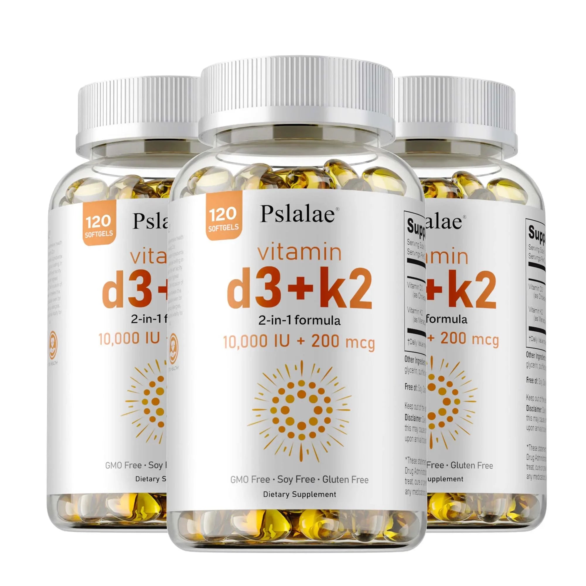 Three bottles of Vitamin D3 with K2 - Supports Heart Health, Bone Health, Sleep, Immunity, and Overall Health; each has 120 softgels featuring 10,000 IU D3 & 200 mcg K2 in a GMO free, soy free, and gluten free 2-in-1 formula.