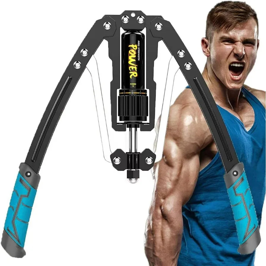 A muscular man in a blue tank top flexes and shouts beside the Twister Arm Exerciser—an adjustable 22-440lbs hydraulic power arm, chest, and shoulder trainer for strength and grip training.