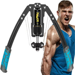 A muscular man in a blue tank top flexes and shouts beside the Twister Arm Exerciser—an adjustable 22-440lbs hydraulic power arm, chest, and shoulder trainer for strength and grip training.