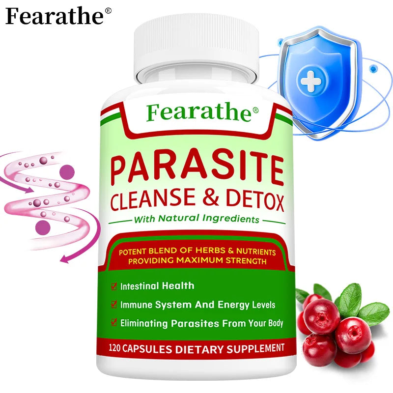 A bottle of Parasite Cleanse - Bowel Cleansing Supplement supports digestive and immune health, promotes parasite removal, and natural gut wellness—featuring cranberry capsules for added benefits.
