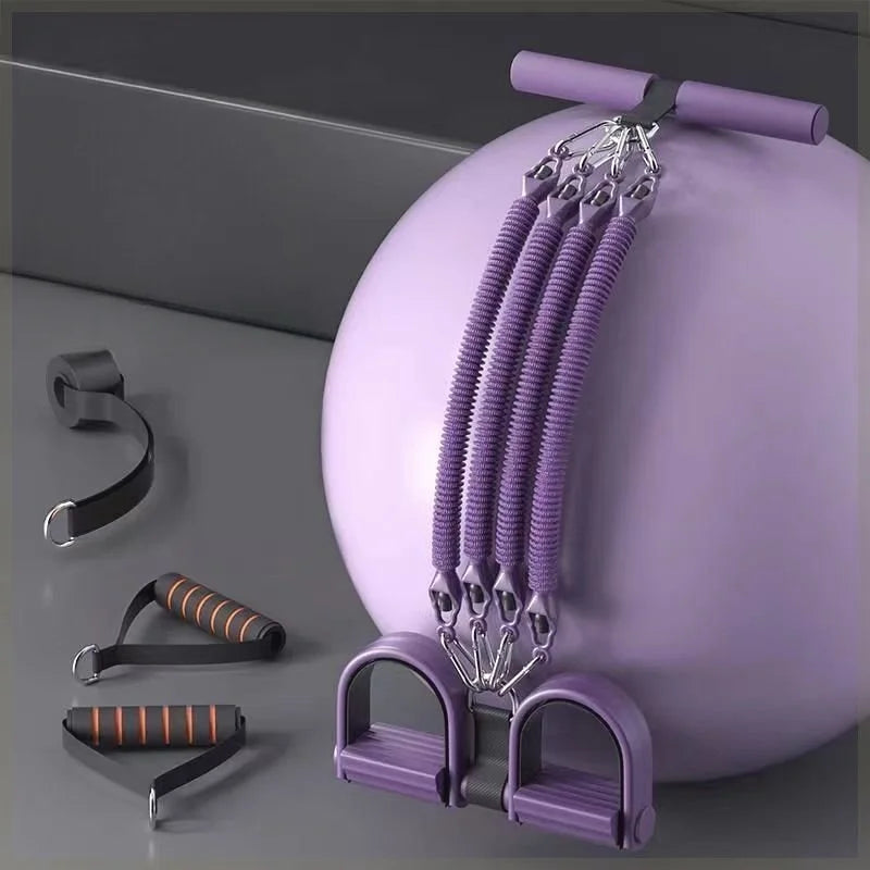 The Pedal Tension Rope Abdominal Strength Elastic Rope, a multi-functional fitness resistance band with handles and pedal, is draped over a purple exercise ball with included accessories—ideal for at-home muscle relaxation and strength training.