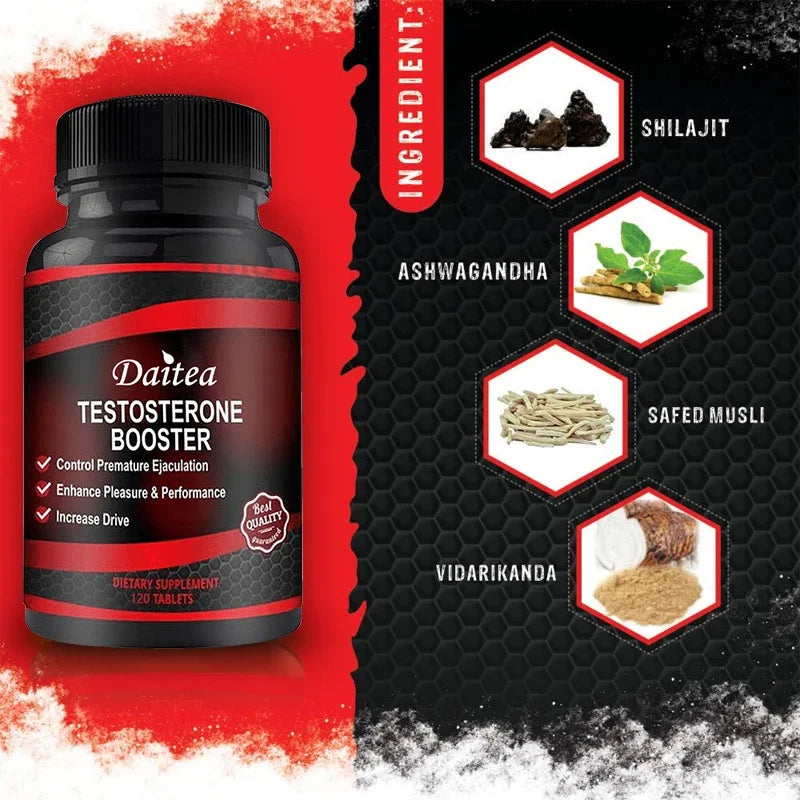 A bottle of Muscle Builder Capsules is displayed beside a list of ingredients: Ashwagandha Extract, shilajit, safed musli, and vidarikanda. This supplement supports muscle mass increase and anabolic activity for enhanced development.