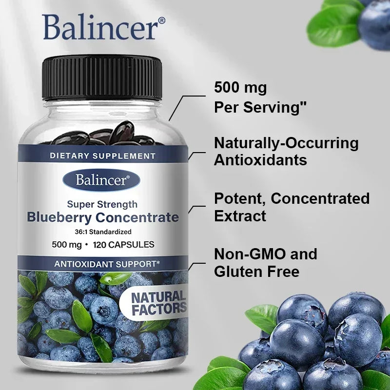 A bottle of Blueberry Capsules - 500 Mg is pictured amid blueberries. Features: 500 mg per serving, antioxidants for brain, heart, eye, and skin health; concentrated extract; non-GMO; gluten free—120 convenient capsules.