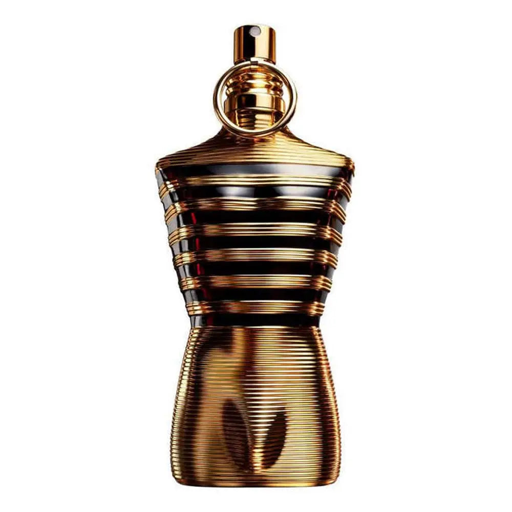 Le Male Elixir by Jean Paul Gaultier Men's 4.2 oz perfume spray comes in a gold, torso-shaped bottle with horizontal black stripes and a metallic finish, inspired by a stylized male body in a striped shirt.