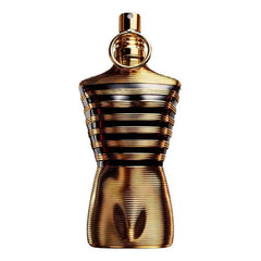 Le Male Elixir by Jean Paul Gaultier Men's 4.2 oz perfume spray comes in a gold, torso-shaped bottle with horizontal black stripes and a metallic finish, inspired by a stylized male body in a striped shirt.