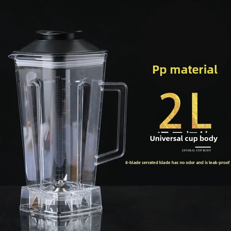 The image shows a transparent 2L For SILVER CREST Blender Spare Jug with a black lid and handle, made in Mainland China from odorless, leak-proof PP. It features an 8-blade serrated design and is compatible as a replacement blender part.