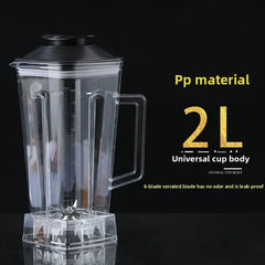 The image shows a transparent 2L For SILVER CREST Blender Spare Jug with a black lid and handle, made in Mainland China from odorless, leak-proof PP. It features an 8-blade serrated design and is compatible as a replacement blender part.